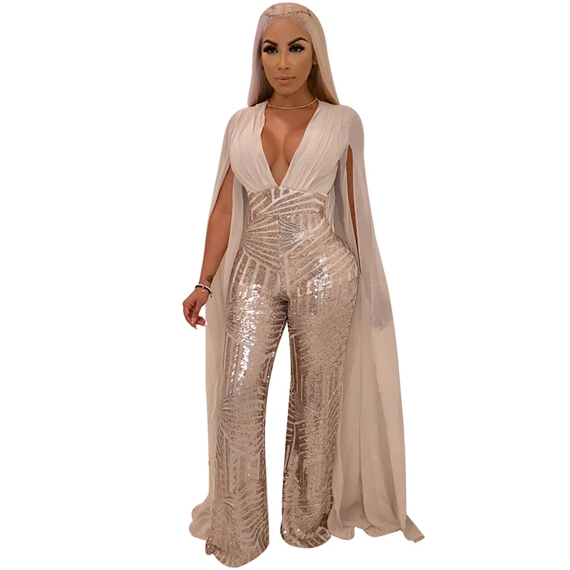 

Apricot/Red/Black Sequin Embellished Fitted Long Sleeve Wide Leg Jumpsuit Spring Summer Fashion Party Women Jumpsuits