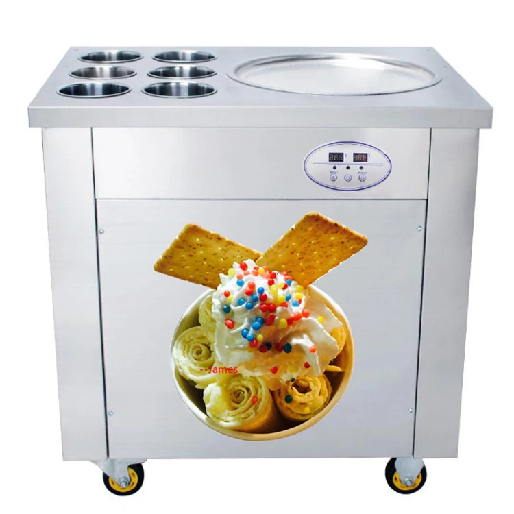 

2022 commercial 350mm single round pan fried ice cream rolling machine price with 6 topping tanks and defrost, Silver
