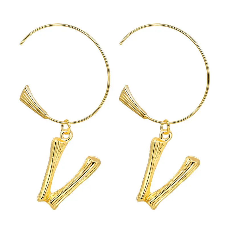 

Wholesale Fashion Women 18K Gold Plated Alloy Alphabet Hoop Earring Retro Hoop Statement Bamboo Initial Letter Earrings, As picture