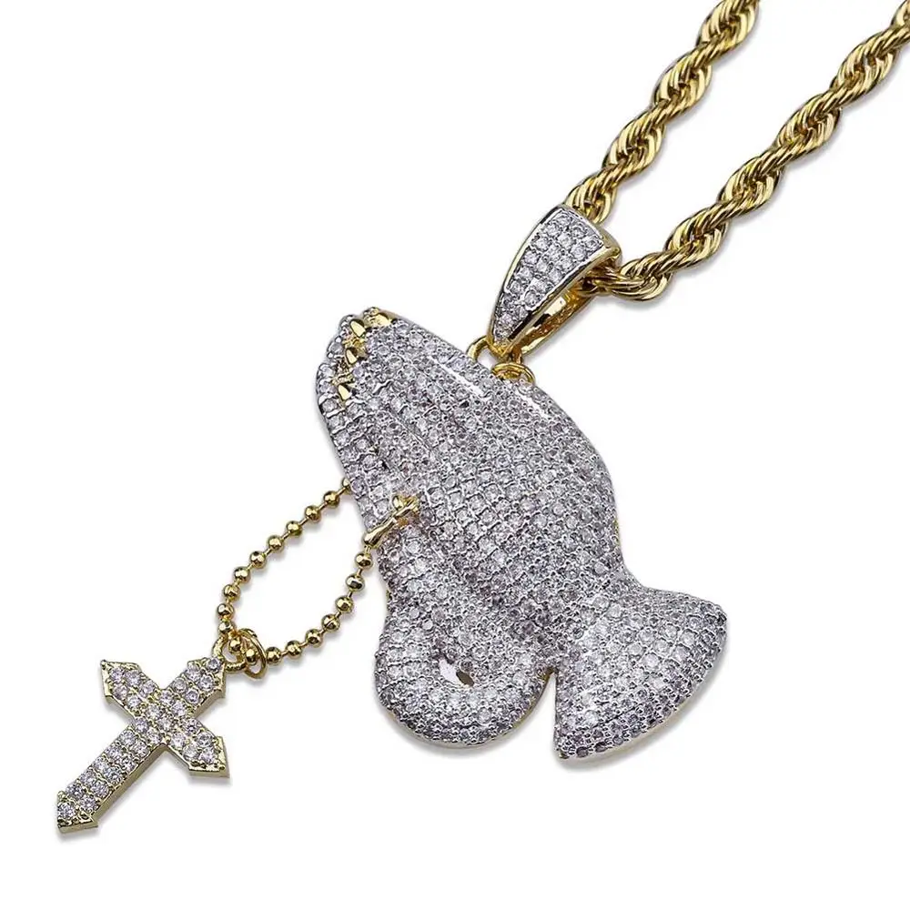 

Religion Hiphop Zircon Christian Cross Prayer Gesture Necklace Pendant, Gold