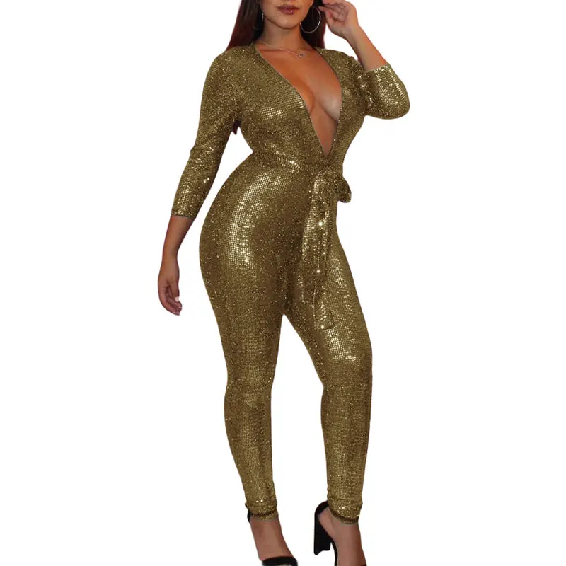 

81203-MX1 sexy Bronzing fabric women jumpsuits one piece V neck club wear