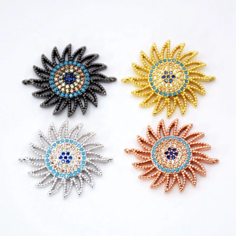 

Metal Copper Micro Pave CZ Sun Flower connector Beads Cubic Zirconia Flower beads For Jewelry Making, Multi colors