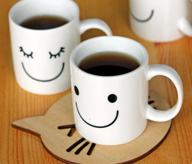 Haonai White Ceramic Milk Tumbler Coffee Cup With Smile Face Porcelain