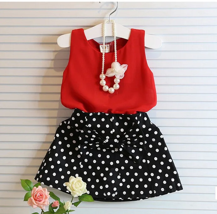 

2017 Baby Girls Summer Clothing Sets Summer Red Chiffon Vest+bow Skirt Children Clothing Set Kids Clothes Set, As picture