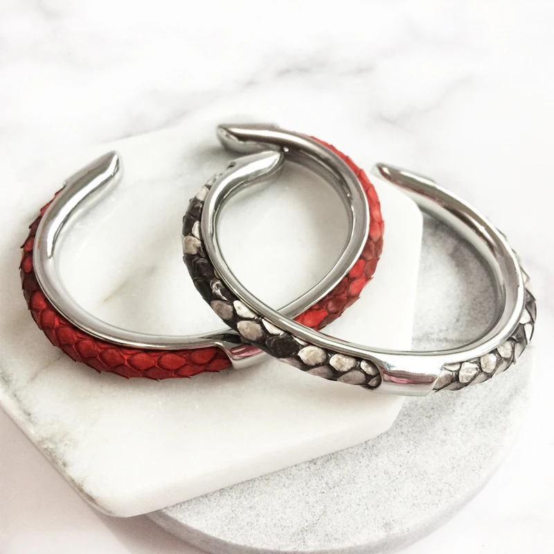 

Luxury Trendy Men Python Skin Leather Bracelet 316L Titanium Steel Cuff Bangle Charm Jewelry