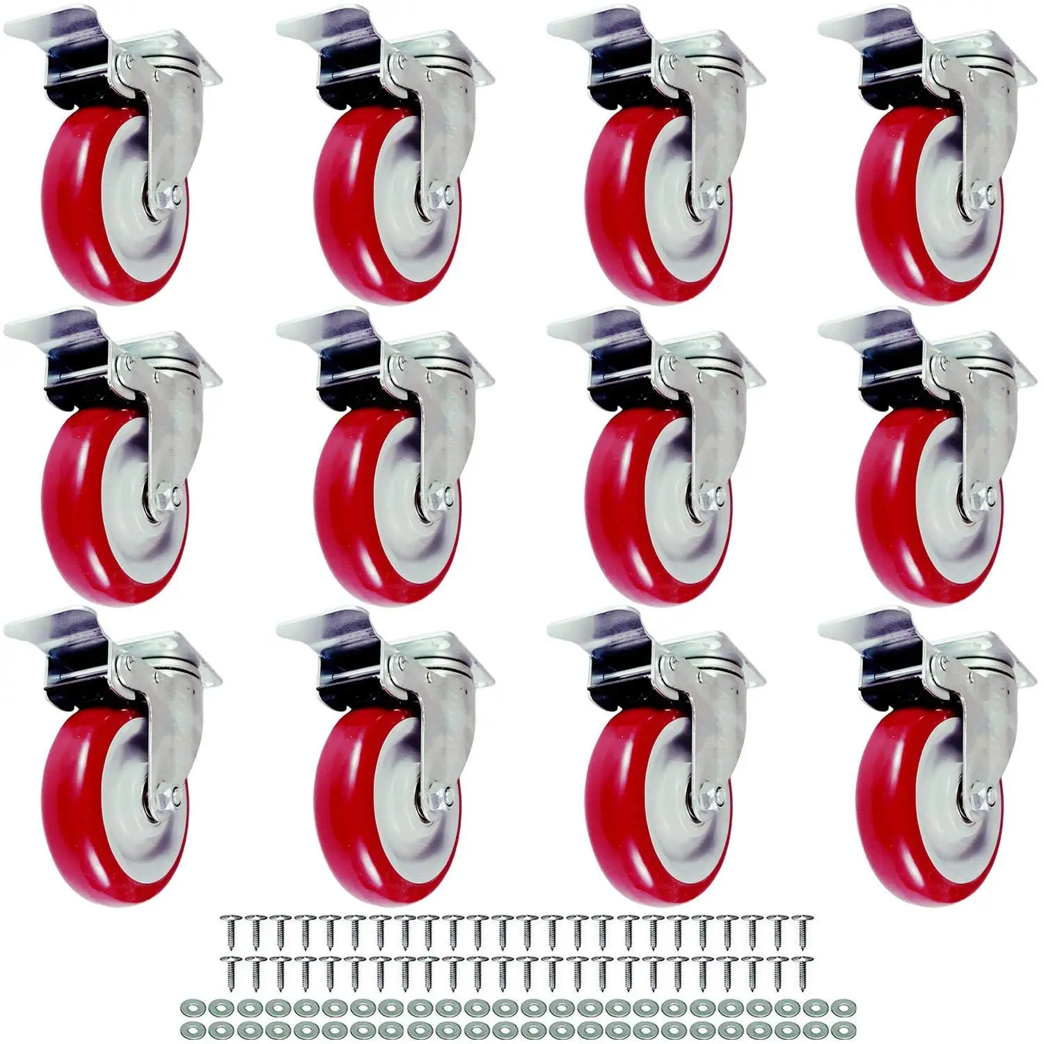 FactorDuty 12 Pack Caster wheels Swivel Plate w/Brake Casters On Red Polyurethane wheels w/Screws (5" w/Brake)