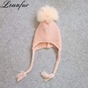 Kids Children Winter Cute Pink White Black Navy Green Real Fox Fur Pom Pom Ball Knit Braid Earflap Hat