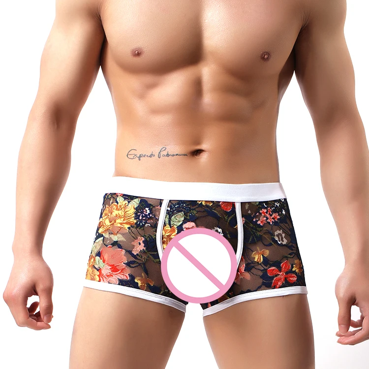 

Low rise lace underwear sexy transparent boxer shorts for men, Navy;black;white