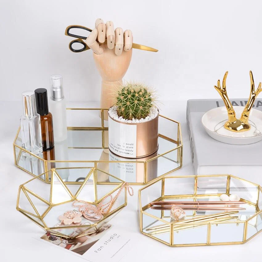 Glass Metal Cosmetic Organizer Brass Makeup Storage For Makeup Brushes