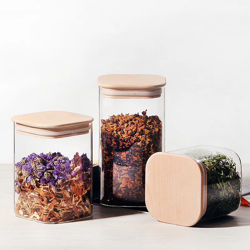 Square borosilicate glass storage jar with bamboo wooden lid