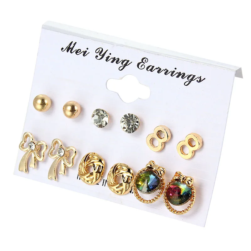 

6 Pairs Pack Set Brincos Mixed Stud Earrings For Women Crystal Ear Studs Fashion Simulated Pearl Jewelry Wholesale