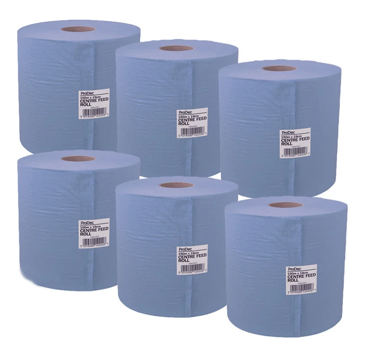 6 PACK 2 PLY BLUE EMBOSSED CENTRE FEED PAPER WIPE ROLLS