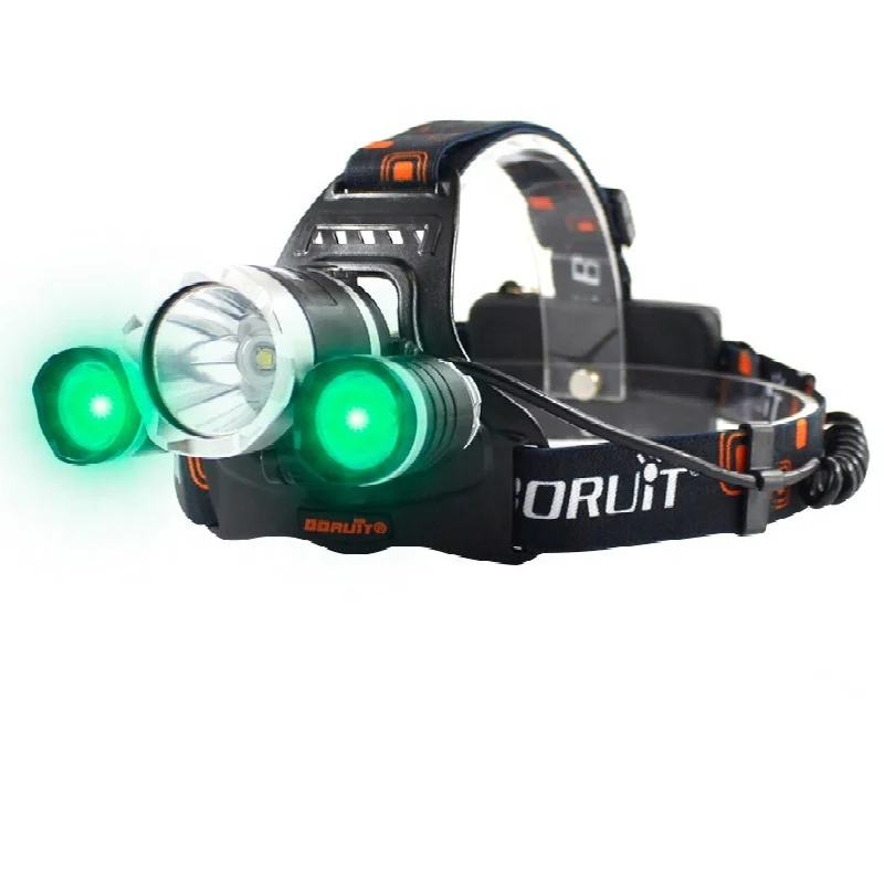 Boruit Brand LED Headlights for Hunting 3LED 5000 Lumen Green Light Rechargeable Headlamps