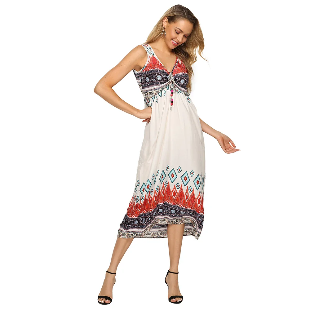 

Wholesale white bow tie sexy v neck dress 100% rayon sleeveless casual boho maxi long dresses woman summer 2019, White floral maxi boho bohemian maxi dress