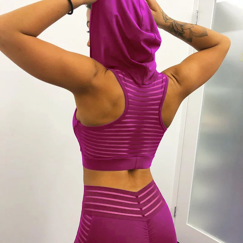 wholesale custom fitness yoga gym activewear womens sports bra hoodie crop tank top pullover with sheer transparent mesh strip