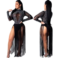 

FM-CY8065 Women diamond sexy sheer mesh lace dress long sleeve maxi transparent clubwear outfit female party dresses