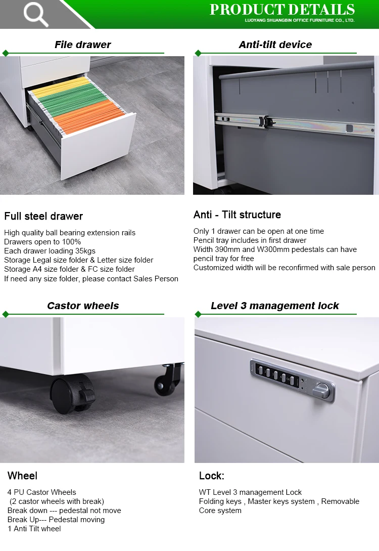 Office Furniture Steel White Portable Metal Rolling Lateral 3 Drawers ...