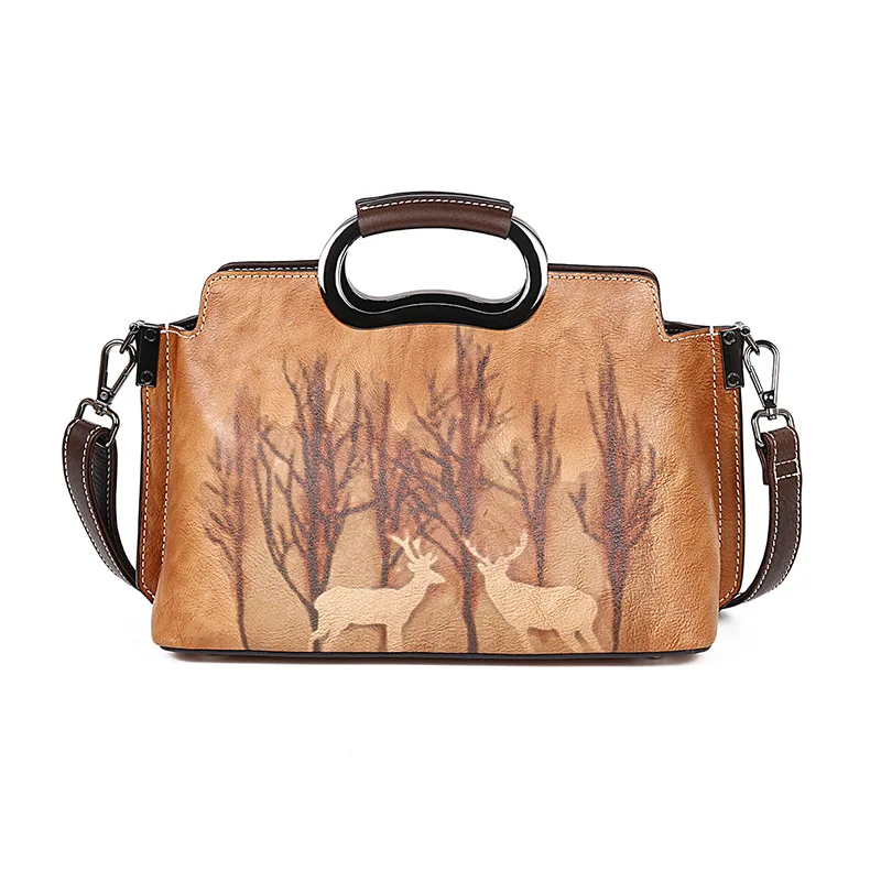 

High-grade Hand-brushed First Layer Leather Female Handbags Metal Handle Hand Bags Vintage Messenger Bag