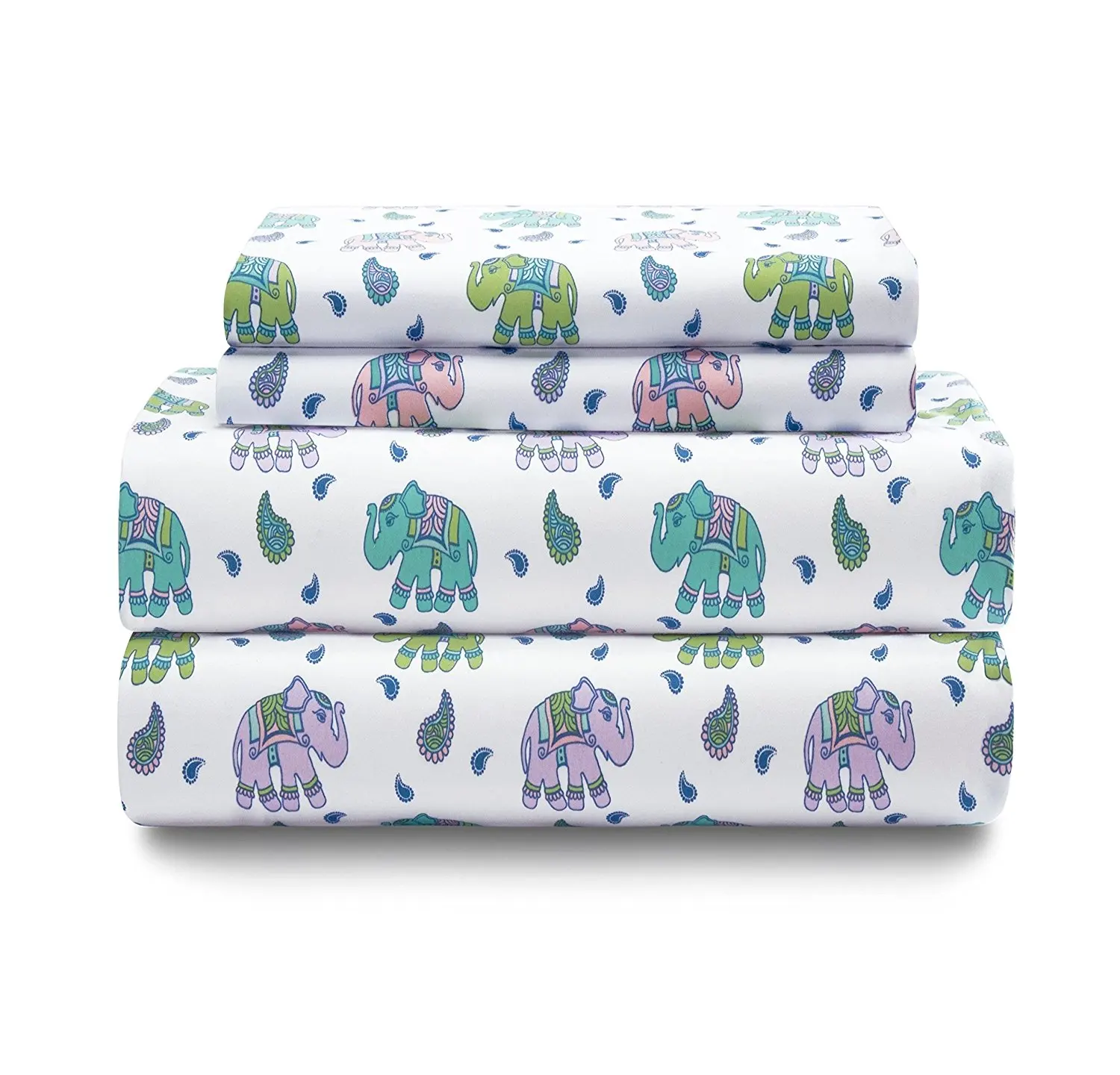 4 Piece Girls Paisley Elephant Pink Blue Green Purple Sheet Full Set, Multi Color Animal Print Boho Printed Kids Bedding Teen Bedroom, Whimsical Design Contemporary Zoo Jungle Safari, Polyester