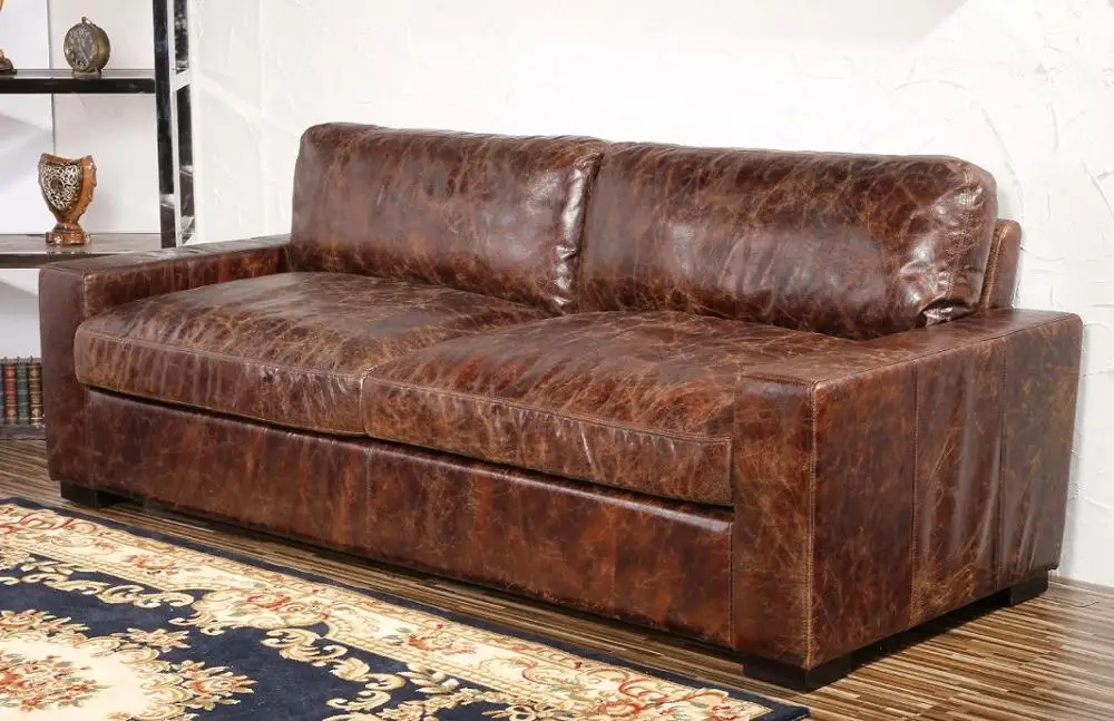 仿古欧式仿旧皮革实木腿沙发