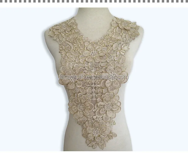 

embroidered Gold Metallic Polyester Flower Lace Neckline Collar Patches Sew on Applique