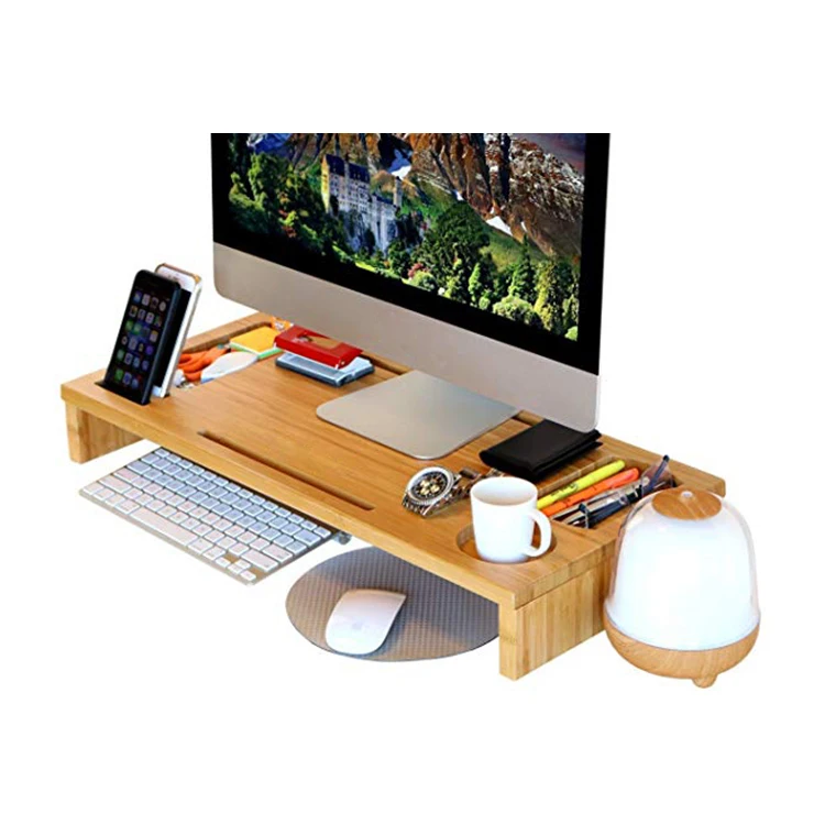 
Bamboo Wood Computer Riser with Storage Organizer Desk Monitor Stand 
