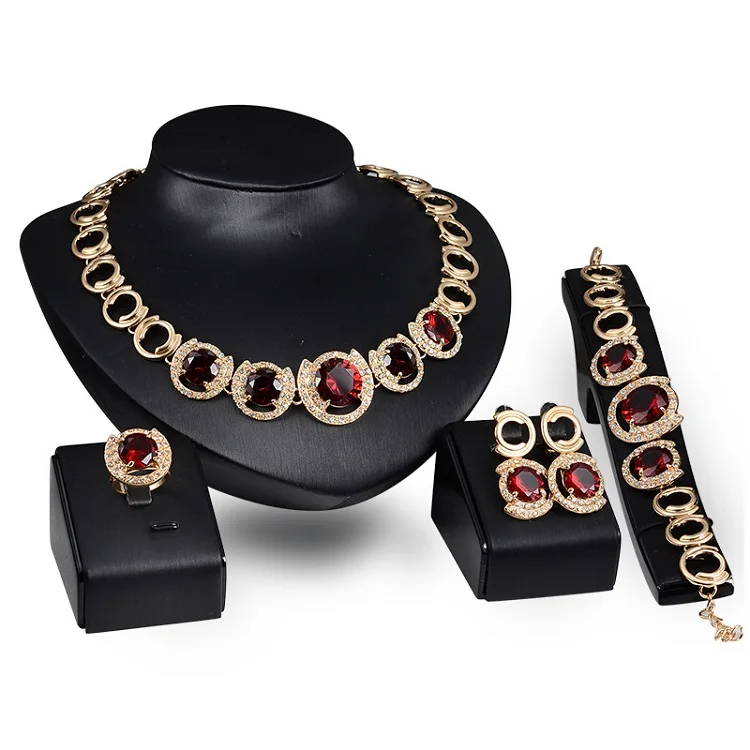 

New 4 Piece Women Fashion Jewelry Sets African Red Luxury Saudi 18K Gold Plated Dubai Wedding Gift Crystal Bridal Jewelry Set, As show