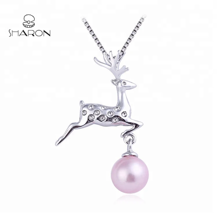 

New Design Christmas S925 Sterling Silver Reindeer Jewelry Simple Freshwater Pendant Necklace