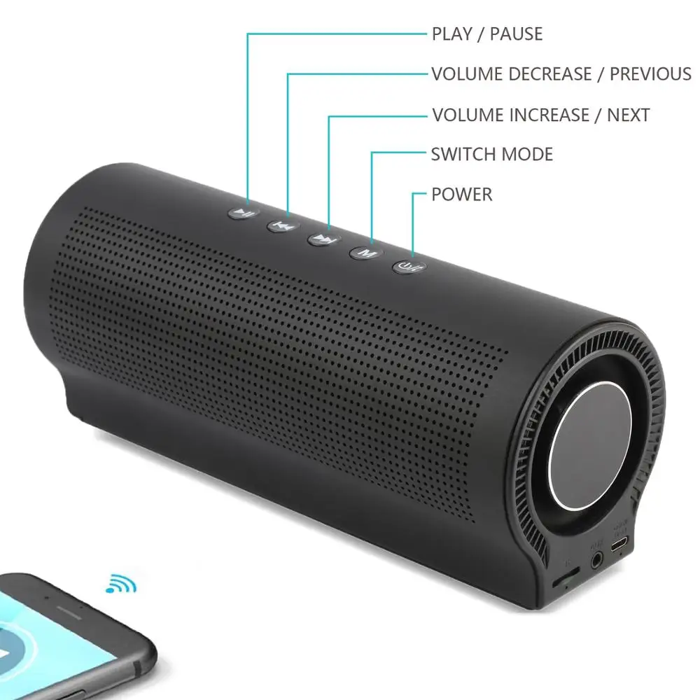 

High quality big bass metal bluetooth speaker with power bank function music player, Black