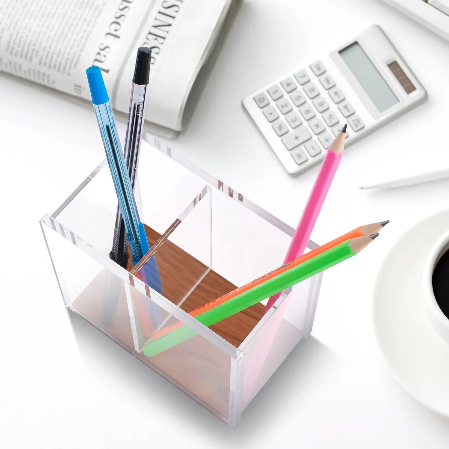 2 Compartments With Wood Base Acrylic Pen Pencil Holder For Desk