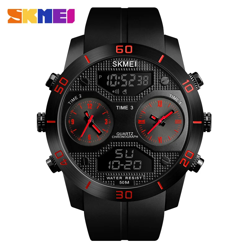 SKMEI 1355 New Men Dual Display Wristwatches 3 Time Countdown 50M Waterproof Clock Relogio Masculino Outdoor Sports Watches