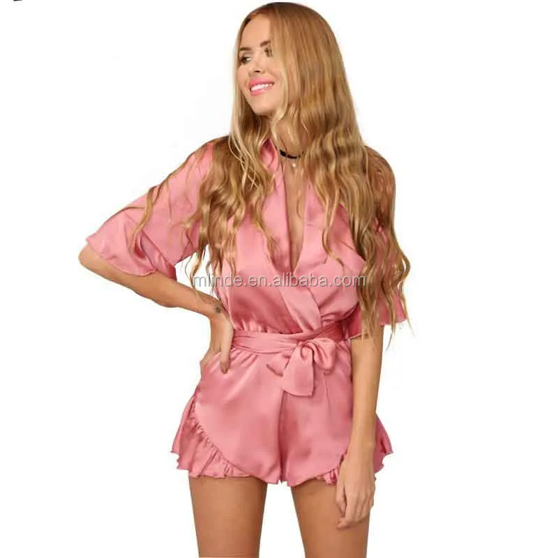 Combinaison En Satin Rose Pour Femmes,Ensemble Élégant Avec Nœud,Décolleté  Plongeant En V,À Volants,Ssexy,Décontracté,Salopette Courte De Plage,1  Pièce - Buy Satin Salopette Femmes,Femmes Élégant Salopette,Court Plage  Salopette Product on Alibaba.com