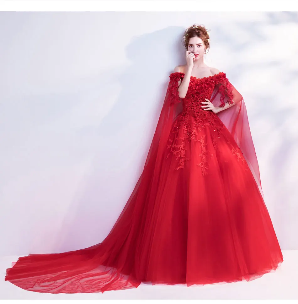 

Long Tulle Off Shoulder Lace Up Ball Gown Bridal Wedding Red Floral Dresses