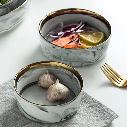European Style Ceramic Marble Gold Rim Nordic Restaurant Plates Dinner Plate Bowl