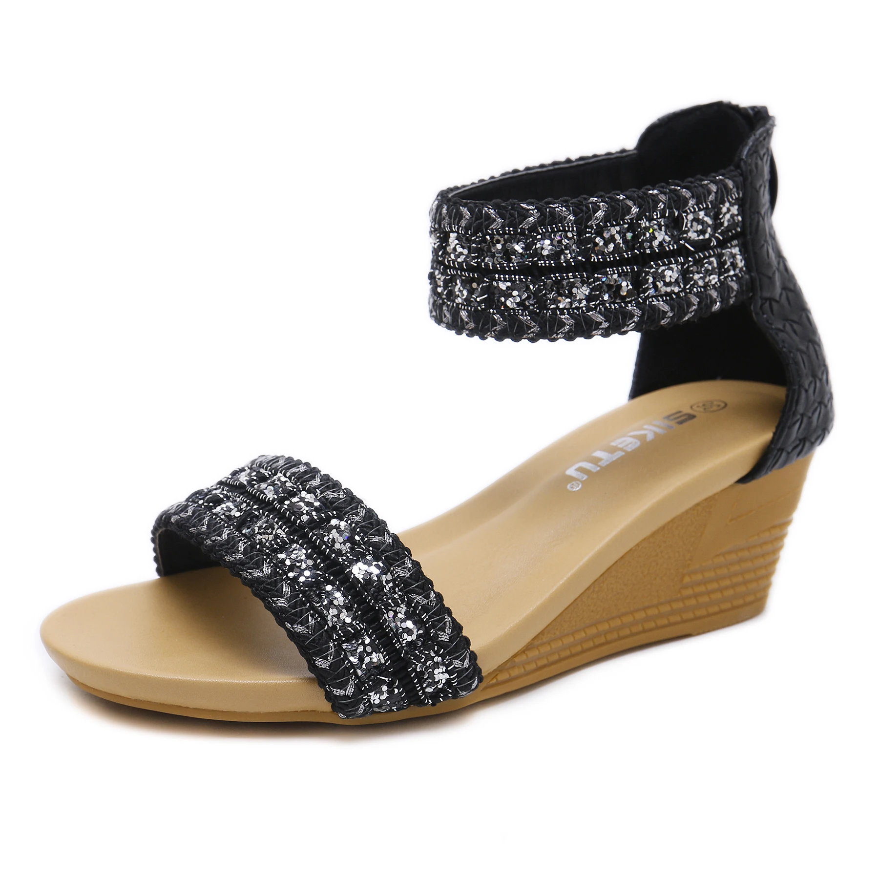 

China Factory Fashionable Shining Women Wedge Heel Sandals Shoes New Design Comfortable Ladies Sandals, Apricot,black