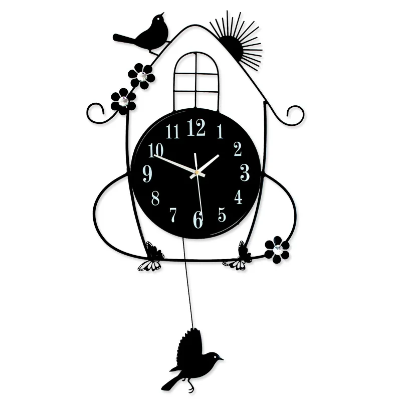 

jam di Swing Clocks 3D Fancy Decorative Metal Art Craft Bird House Wall Clock 2 2 2 wanduhr, Black , gold , white, night ligth