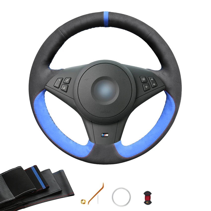 

Hand Sewing Custom Blue Black Suede Steering Wheel Cover Blue Marker for BMW 525i 530i 540i 545i 550i 650i E60 E61 E63 E64