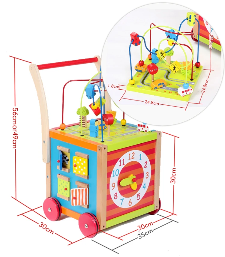 Baby String Round Bead Maze Wooden Baby Walker Push Toy Busy Learners Activity Cube
