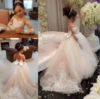

ZH3792G Long Sleeves Flower Girls Dresses Lace Appliques Beads Bow Sheer Neckline Girl Pageant Kids Birthday Communion Dress