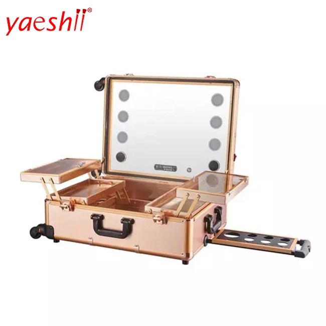 

Yaeshii Professional rose gold beauty aluminium rolling trolley makeup train case with 6 LED lights adjustable legs mirror