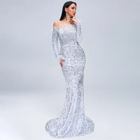 

2020 Hot sale off shoulder dress long sleeve feather sequins dress sweeping the floor party banquet clothes