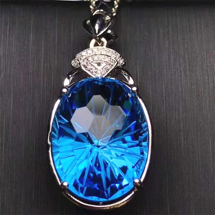 

cnc machine jewellery 18k gold South Africa real diamond natural topaz pendant for women crown pendant charm, Blue