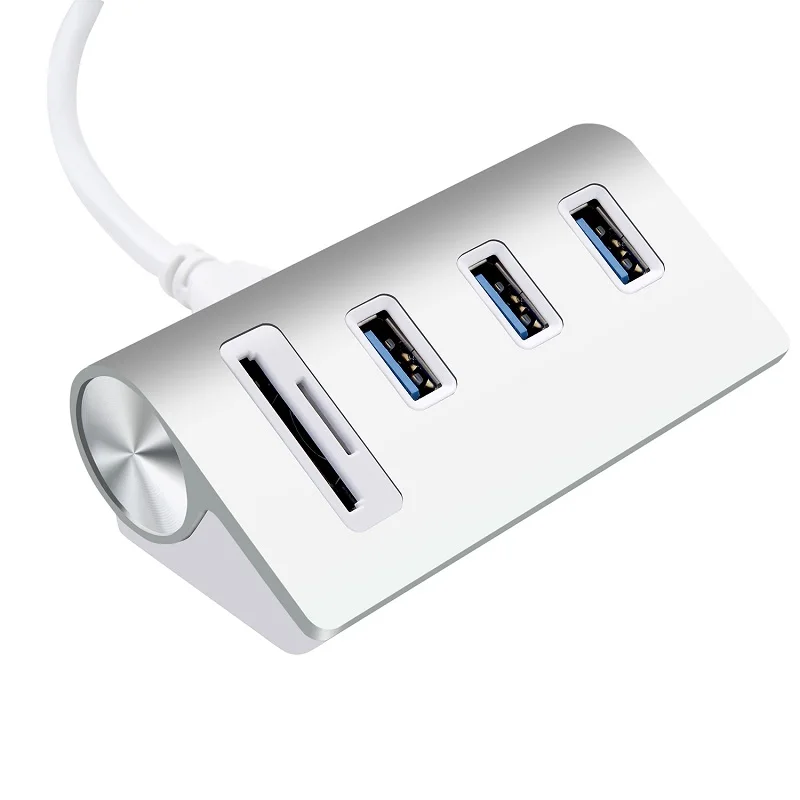 Wholesale hot selling aluminum alloy 3 port usb 3.0 hub with dual slots memory card reader