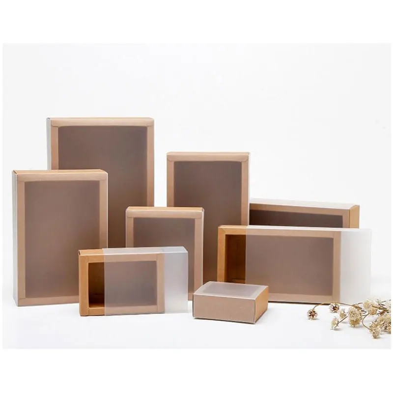 
Custom Eco-Friendly Kraft Bento Box Plastic Window Drawer Box Cookie Packaging Paper Box 