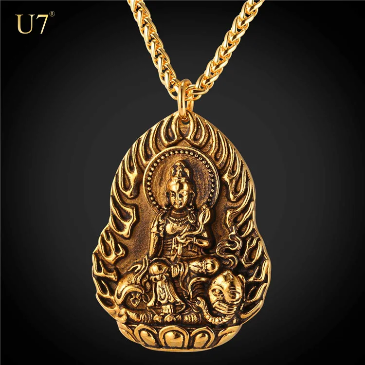 

U7 Gold plated Chinese Buddhist jewelry antique Avalokitesvara pendant necklace