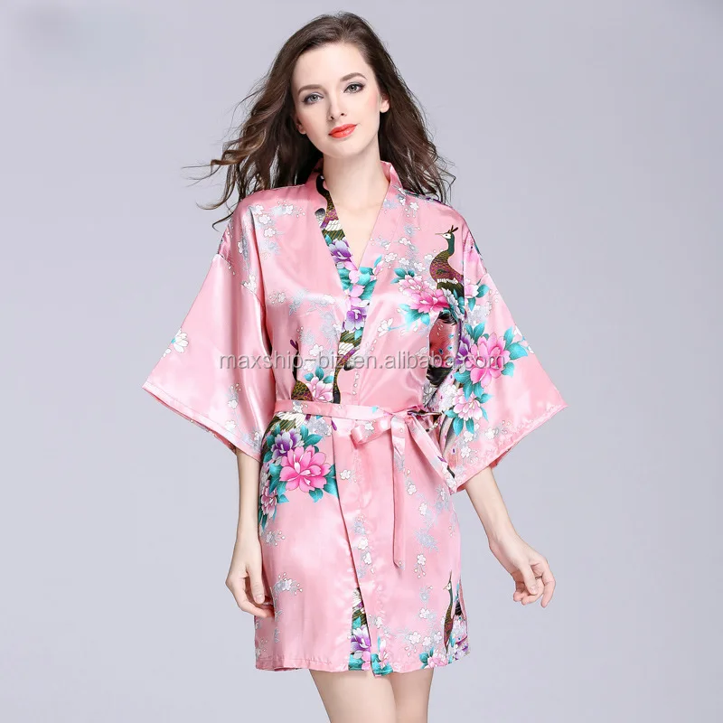 

cheap wholesale printing Chinese women silk robe, Pink;blue;red;white;black