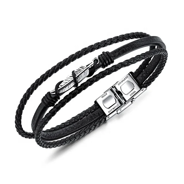 

Men 316L Stainless Steel Jewelry 100% Ture Leather Feather Bracelet, Black