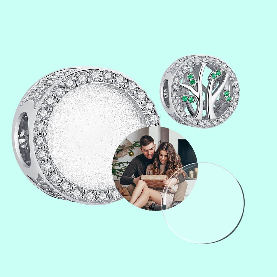 

Fashion 925 Sterling Silver Crystal Charm Custom Photo Tree Of Life Shape Bead Fit Bracelet DIY Personalized Jewelry Gift