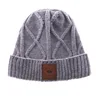 mens gray slouch leather patch logo winter knit acrylic beanie hat