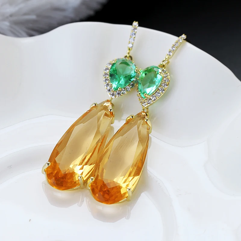 

Wholesale Factory Green Zircon Teardrop Drop Earrings For Women Ladies, Green, orange